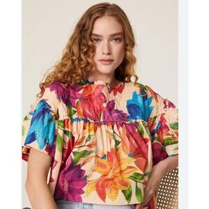 EUC Farm Rio Mary's Garden Blouse Ruffle Sz L Vibrant Tropical Flutter Sleeve